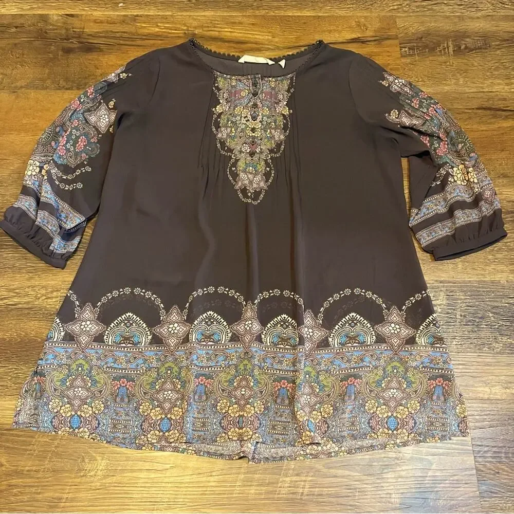 Soft Surroundings Sheer Brown Floral Bohemian Blouse Women's Size Medium - Picture 1 of 8